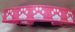 White Paws on Pink Ribbon on Pink Webbing Printed Collar