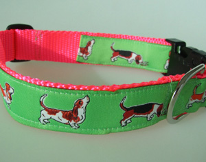 photo of Woven Collar - Basset Hound - Green on Pink