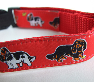 photo of Woven Collar - King Charles Spaniel with Butterflies - Red