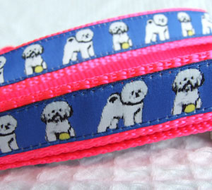 Bichon Frise Lead - Blue on Pink Woven
