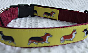 photo of Woven Collar - Welsh Corgi Yellow on Wine Red